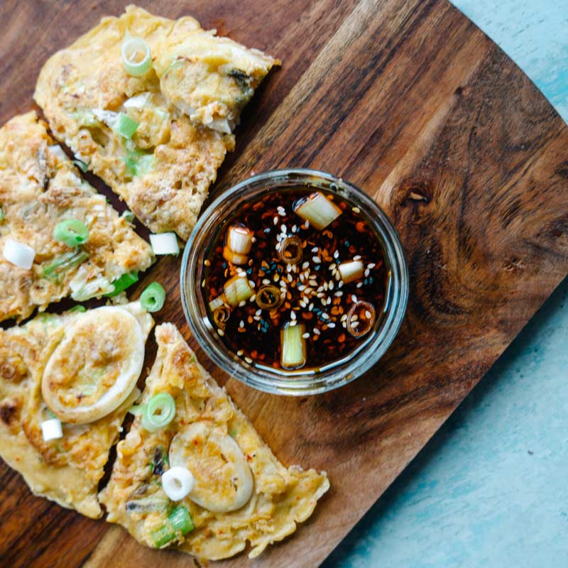 Crispy Korean Seafood Pancakes with Soy and Chilli Oil Dipping Sauce 