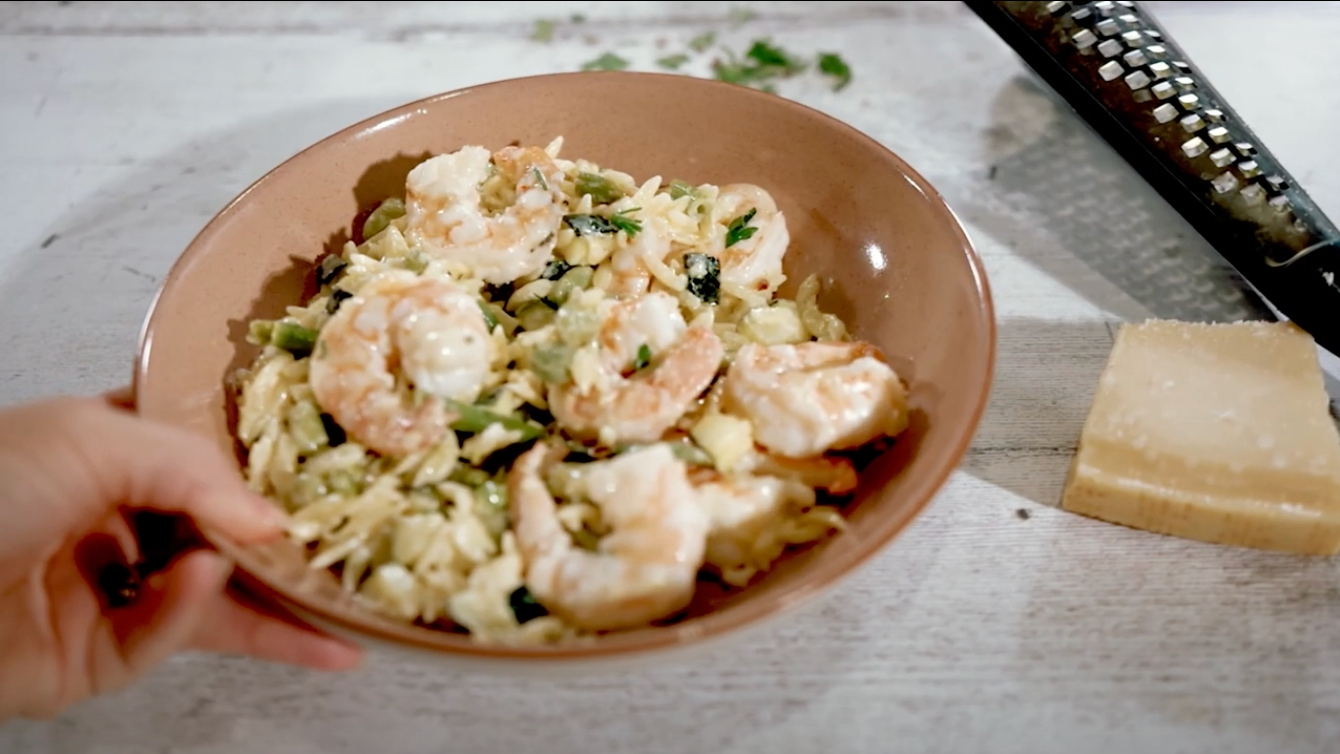 Creamy Orzo with Prawns, Lemon & Greens