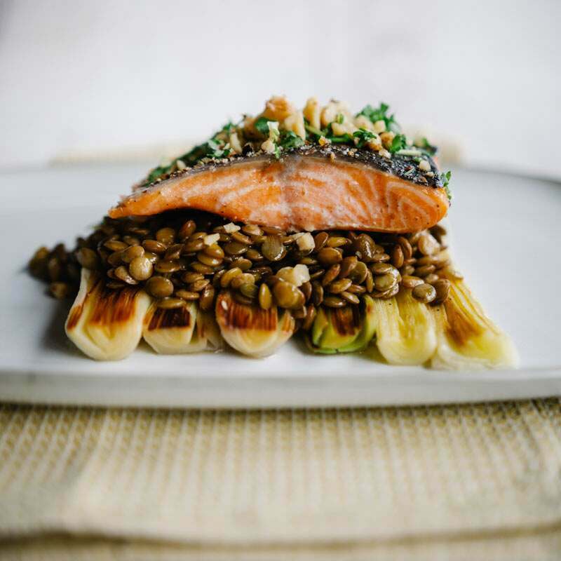 Roasted Salmon With Lentils And Braised Leeks